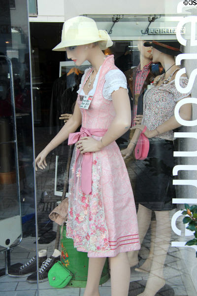 Dirndel, traditional dress of south Germany, in shop window. Trier, Germany.