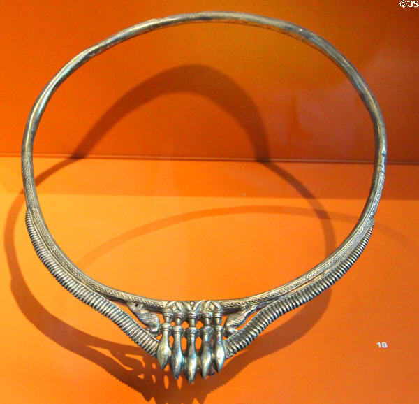 Gold necklace (copy of 4thC BCE original) with bird of prey & leaf pattern found in local grave at Trier Archaeological Museum. Trier, Germany.