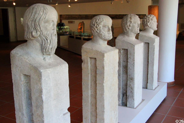 Carved portrait heads of Thucydides, Demosthenes, Socrates & Menander (2nd half 4thC) at Trier Archaeological Museum. Trier, Germany.