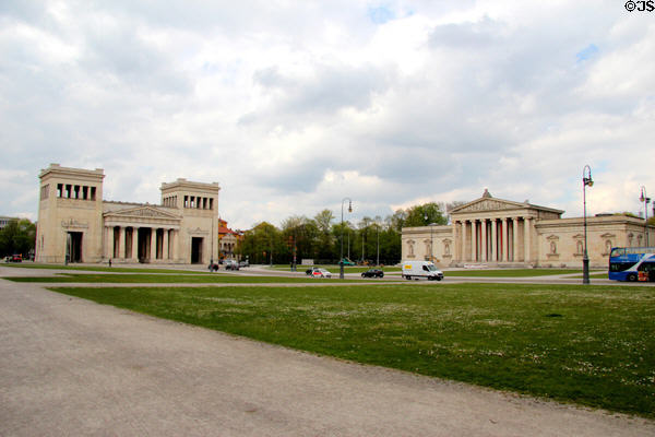 Relationship of Propylaea (aka Konigsplatz Gate) (1862) & Glyptothek (1816-1830) museum & field once used for Nazi rallies. Munich, Germany.