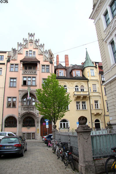 Traditional buildings opposite Munich Paleontology Museum. Munich, Germany.