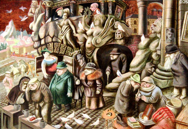 Munich painting (c1933-5) by Karl Hubbuch at Lenbachhaus. Munich, Germany.