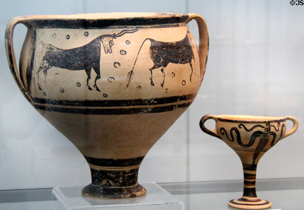 Greek terracotta krater with bulls & pokal with sea creature (1400-1300 BCE) from Mycenae at Antikensammlungen. Munich, Germany.
