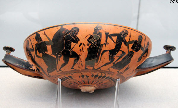 Etruscan terracotta black-figure knob handled cup with Dionysus & satyrs (c550 BCE) from Vulci in at Antikensammlungen. Munich, Germany.