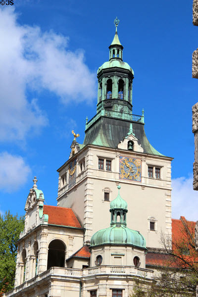 Clock tower of Bavarian National Museum. Munich, Germany.