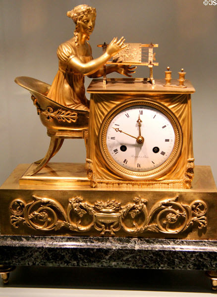 Clock with woman using embroidery hoop (c1805-10) by Jacques-Claude-Martin Rocquet of Paris at Bavarian National Museum. Munich, Germany.