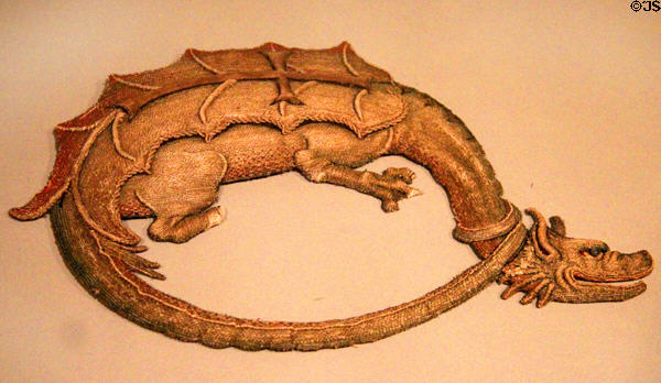 Embroidered badge of dragon order(c1430) for Germanic knights founded by King Siegmund at Bavarian National Museum. Munich, Germany.