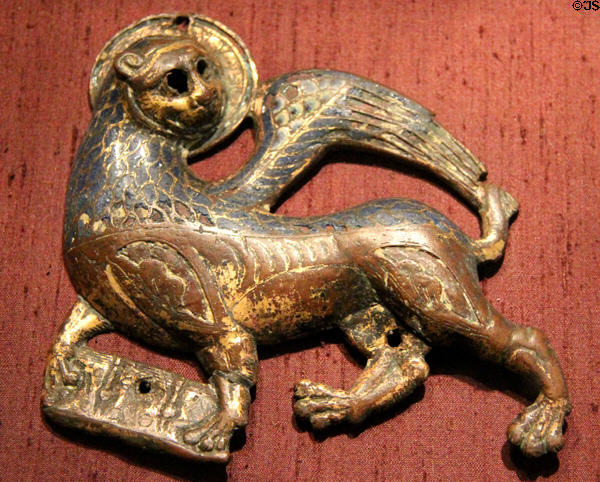 German wood carving of winged lion symbol of Evangelist St Mark (15thC) at Bavarian National Museum. Munich, Germany.