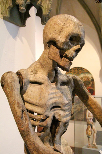 Skeletal detail of Death riding a lion sculpture (1513) from Kloster Heilsbronn at Bavarian National Museum. Munich, Germany.