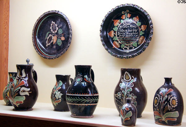 Painted ceramic pitchers & bowls (19thC) from middle Franconia at Bavarian National Museum. Munich, Germany.