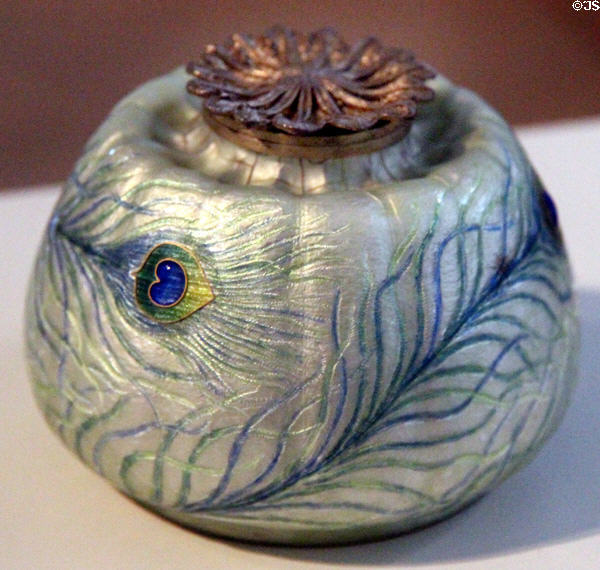 Art Nouveau silver & enamel lidded box with peacock feather design (c1898) by Eugène Feuillâtre of Paris at Bavarian National Museum. Munich, Germany.