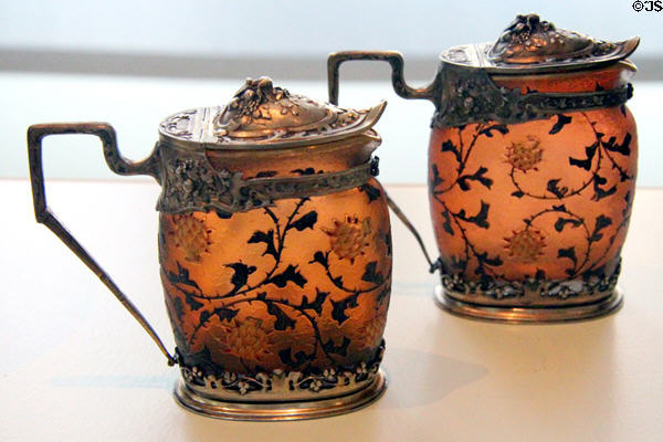 Art Nouveau covered glass jugs with thistle decor (1895-1900) by Daum Frères of Nancy, France at Bavarian National Museum. Munich, Germany.