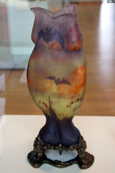 Art Nouveau glass vase with flying bat decor on bronze mount (1905-10) by Daum Frères of Nancy, France at Bavarian National Museum. Munich, Germany.