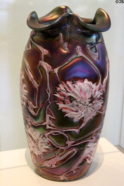 Glass vase with chrysanthemum decor (c1900-19) by Josef Vélik & made by Pallme-Konig & Habel of Bohemia at Bavarian National Museum. Munich, Germany.