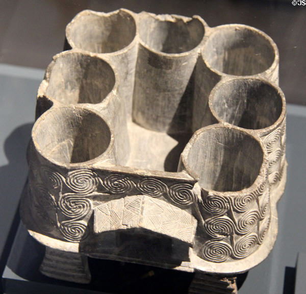 Stone barrel in shape of a temple (2700-2400 BCE) probably used to hold cosmetics & jewelry from Melos, Greece at Bavarian State Archaeological Collection. Munich, Germany.