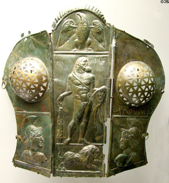 Bronze horse head armor with reliefs of Roman gods from Kelheim at Bavarian State Archaeological Collection. Munich, Germany.