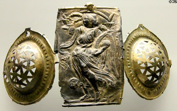 Bronze horse eye protectors with relief of figure of Victory with palm branches from Kelheim at Bavarian State Archaeological Collection. Munich, Germany.