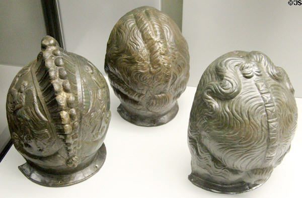 Roman Bronze helmet back of head details with two representing hairstyles from Kelheim at Bavarian State Archaeological Collection. Munich, Germany.