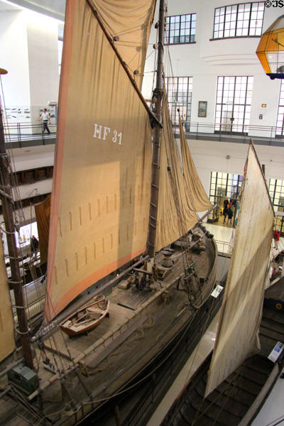 HF31 Fishing Ewer Maria (1880) & Portuguese Moliceiro boat (1940) seen from above at Deutsches Museum. Munich, Germany.