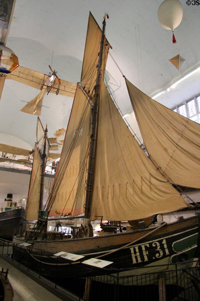 HF31 Fishing Ewer Maria (1880) coastal sailing ship with one + half mast at Deutsches Museum. Munich, Germany.
