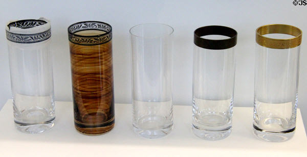 Drinking glasses with etched gold rims (1989) by Glashütte Valentin Eisch KG, of Frauenau at Deutsches Museum. Munich, Germany.