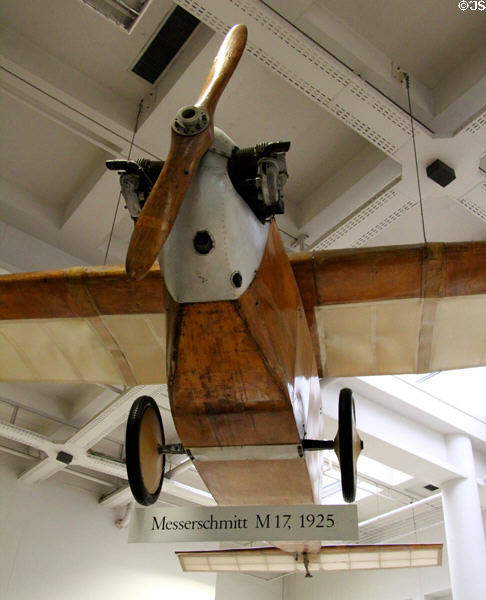 Messerschmitt M17 (1925) light aircraft derived from gliders first to cross alps at Deutsches Museum. Munich, Germany.