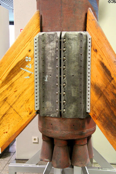Detail of metal rockets & wooden fins of Rheintochter R1 two-stage anti-aircraft missile (1942) at Deutsches Museum. Munich, Germany.