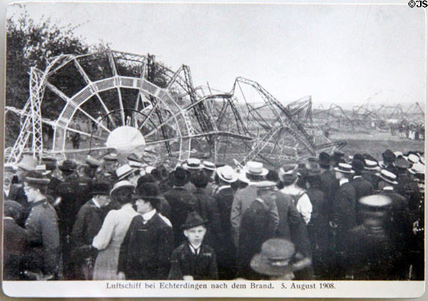 Photo of burned Zeppelin airship at Echterdingen on Aug. 5, 1908 at Deutsches Museum. Munich, Germany.