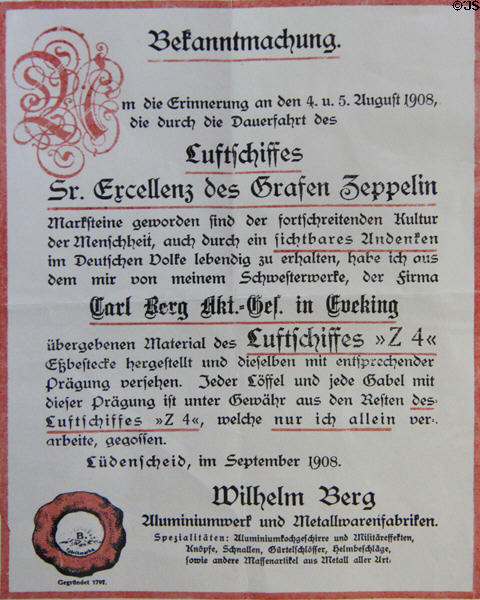 Notice to authenticate memorial spoons made from aluminum from burned Zeppelin airship of Aug. 5, 1908 at Deutsches Museum. Munich, Germany.