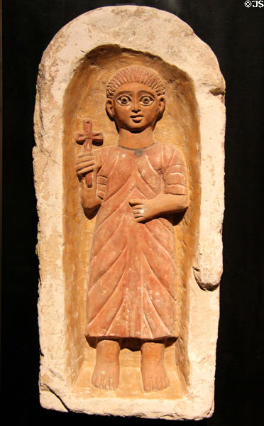 Coptic tomb stela for youth of limestone (4thC CE) from Antinoopolis at Museum Ägyptischer Kunst. Munich, Germany.