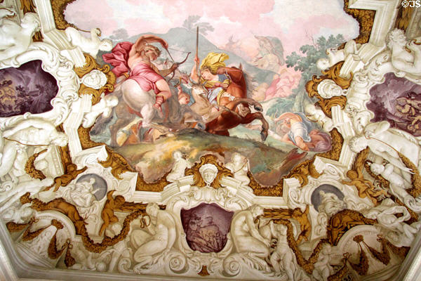 Rococo ceiling fresco (1684) to glorify Diana, goddess of the hunt by Francesco Rosa, Giovanni Trubillo & Johann Anton Gumpp in Lustheim Palace at Oberschleißheim. Munich, Germany.