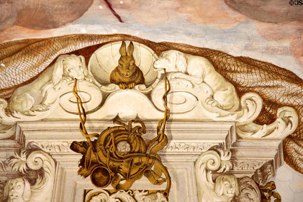 Rococo ceiling fresco (1684) to glorify Diana, goddess of the hunt by Francesco Rosa, Giovanni Trubillo & Johann Anton Gumpp in Lustheim Palace at Oberschleißheim. Munich, Germany.