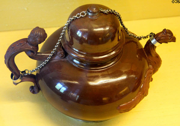 Meissen red stoneware teapot with eagle nozzle (c1710-15) at Meissen porcelain museum at Lustheim Palace. Munich, Germany.