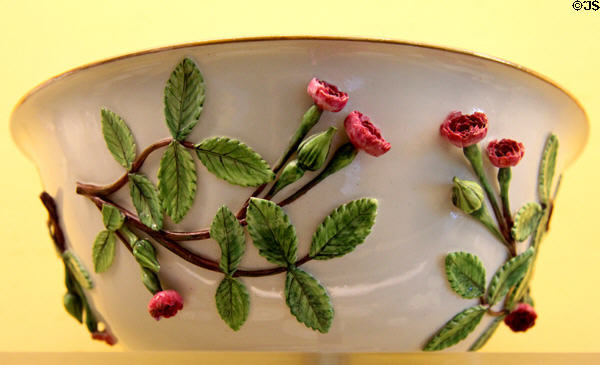 Meissen porcelain bowl with applied flower & leaves (c1720-5) at Meissen porcelain museum at Lustheim Palace. Munich, Germany.