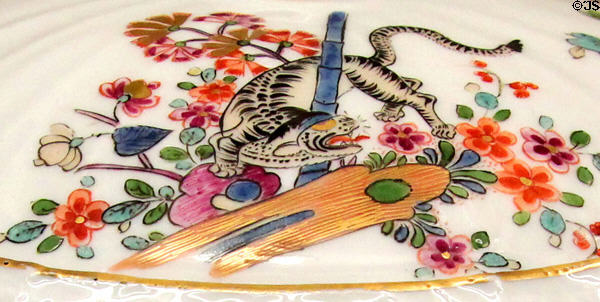 Details of Meissen yellow tiger pattern (aka Gelber Löwe) (c1745). Munich, Germany.