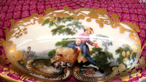 Detail of Meissen mosaic scale decoration (purple) & Watteau-like romantic country scene in hexafoil frame (c1745). Munich, Germany.