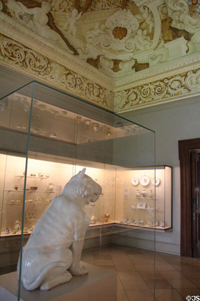 Meissen porcelain saber tooth tiger (1732) by Gottlieb Kirchner was Meissen's model maker until 1733 at Meissen porcelain museum at Lustheim Palace. Munich, Germany.