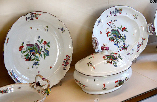 Meissen porcelain serving dishes (c1740) painted with butterflies in green shades at Meissen porcelain museum at Lustheim Palace. Munich, Germany.