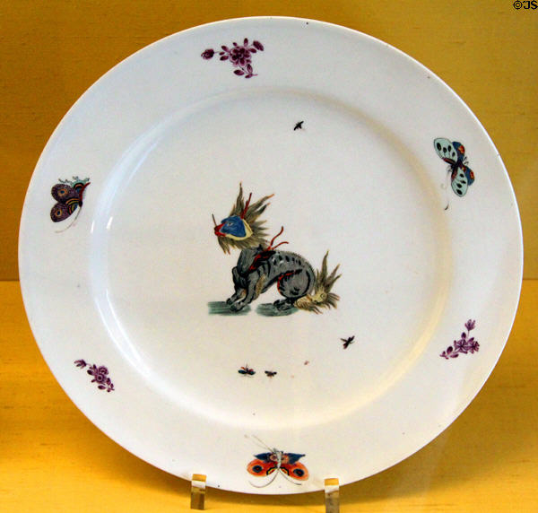 Meissen porcelain plate (c1735) in imaginary animal series at Meissen porcelain museum at Lustheim Palace. Munich, Germany.
