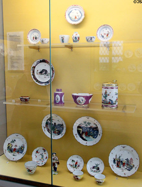 Collection of Meissen pieces (c1730s-40s) painted by Adam Friedrich von Löwenfinck at Meissen porcelain museum at Lustheim Palace. Munich, Germany.