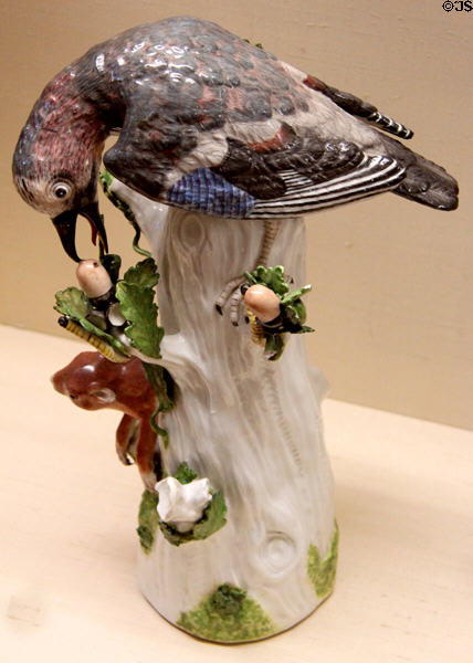 Meissen porcelain jay with acorn figure (1739-40) by Johann Joachim Kaendler at Meissen porcelain museum at Lustheim Palace. Munich, Germany.