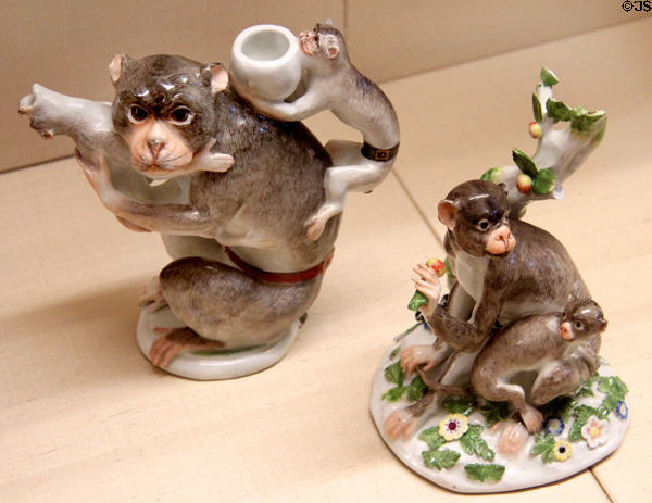 Meissen porcelain monkey figures (c1731) by Gottlieb Kirchner at Meissen porcelain museum at Lustheim Palace. Munich, Germany.