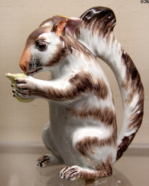 Meissen porcelain teapot in shape of squirrel (1732) by Johann Joachim Kaendler at Meissen porcelain museum at Lustheim Palace. Munich, Germany.