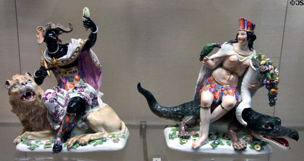 Meissen porcelain symbolic figures of continents of Africa & America (1745) by J.F. Eberlein & P. Reinicke under J.J. Kaendler at Meissen porcelain museum at Lustheim Palace. Munich, Germany.