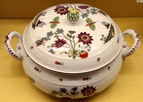 Meissen porcelain terrine (c1740) painted with cut flowers & insects at Meissen porcelain museum at Lustheim Palace. Munich, Germany.