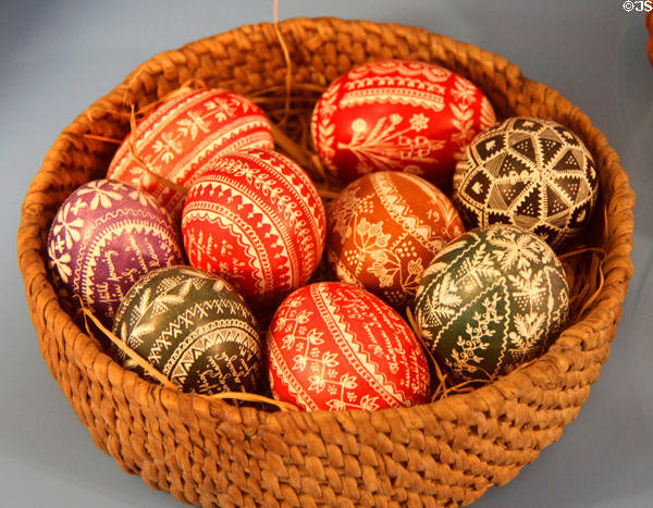 Basket of Eastern-European finely painted Easter eggs at folk art Collection Gertrud Weinhold. Munich, Germany.