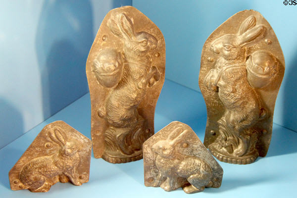 Molds for chocolate Easter Rabbit candies at folk art Collection Gertrud Weinhold. Munich, Germany.