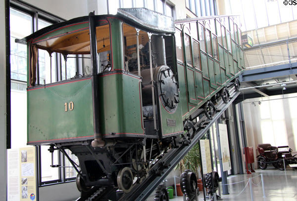 Steam-driven cogwheel car #10 from Pilatusbahn (1889-1937) at Deutsches Museum Transport Museum. Munich, Germany.