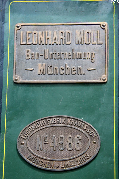 Maker's & owner's plates for construction site light railway steam locomotive (1903) by Krauss & Cie. at Deutsches Museum Transport Museum. Munich, Germany.