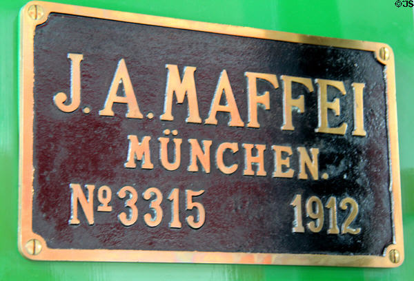 Maker's plate of express passenger steam locomotive S3/6 (1812) by J.A. Maffei of Munich at Deutsches Museum Transport Museum. Munich, Germany.
